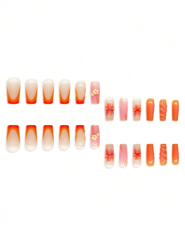 24 pcs ongles carrés orange fleurs – Image 2