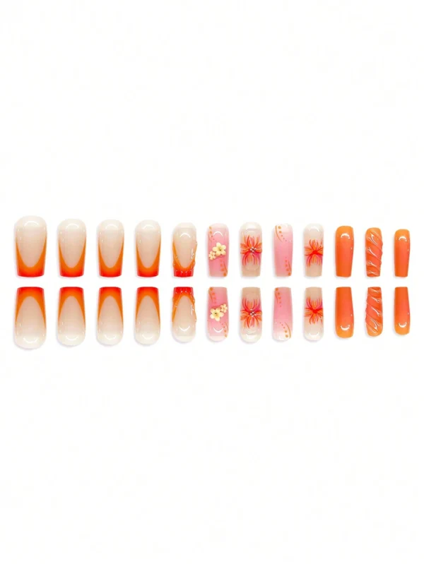 24 pcs ongles carrés orange fleurs – Image 3