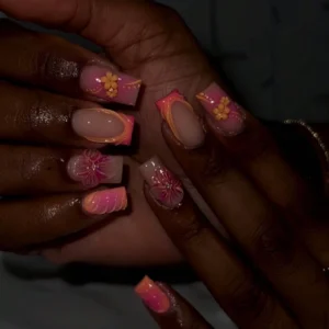 24 pcs ongles carrés orange fleurs