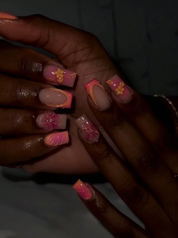 24 pcs ongles carrés orange fleurs