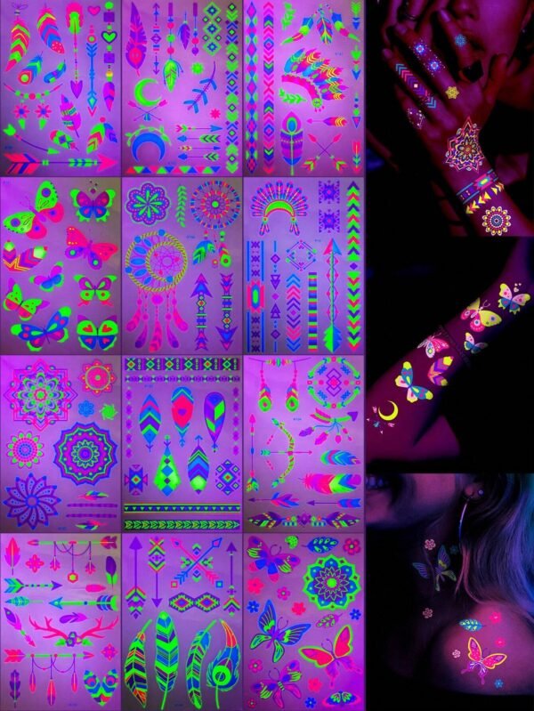 12 feuilles tatouages fluorescents
