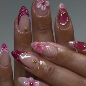 24 pcs ongles amande fleurs or rose