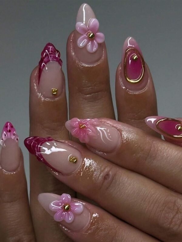 24 pcs ongles amande fleurs or rose