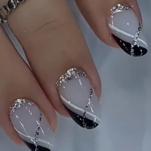 24 pcs ongles ovales noir blanc