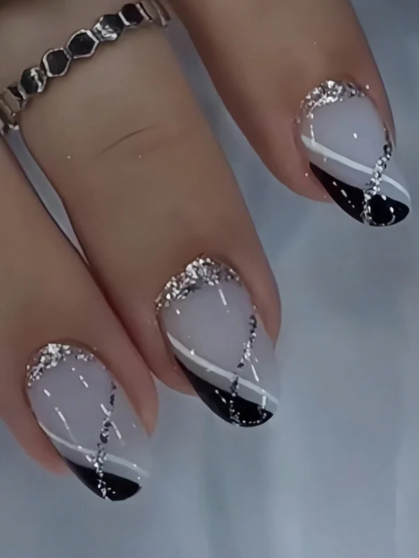 24 pcs ongles ovales noir blanc