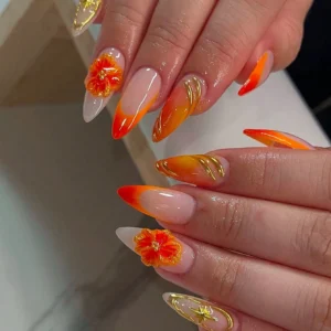 24 pcs ongles amande orange doré