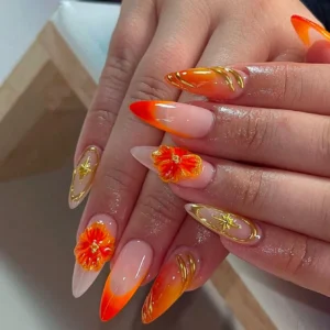24 pcs ongles amande orange doré