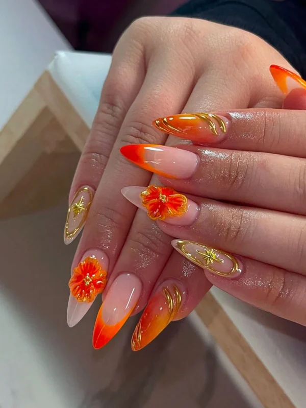 24 pcs ongles amande orange doré