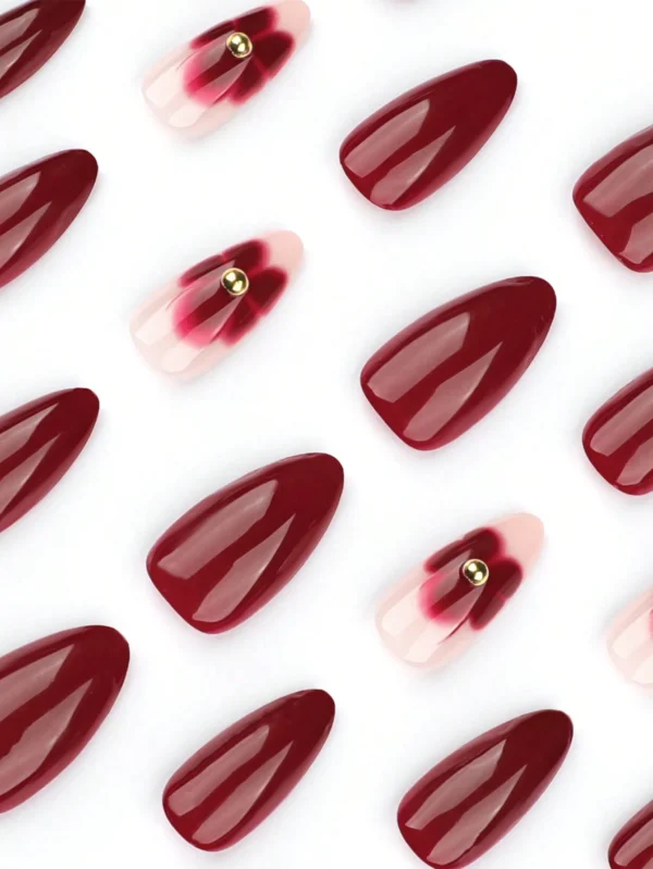 24 pcs ongles amande rouge floral – Image 3