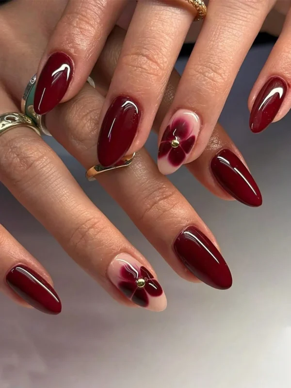 24 pcs ongles amande rouge floral