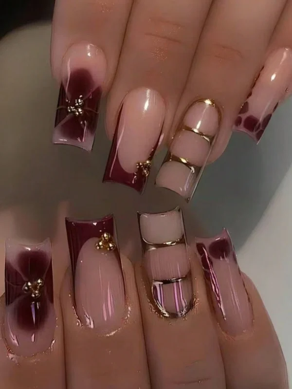 24 pcs ongles cercueil fleurs French