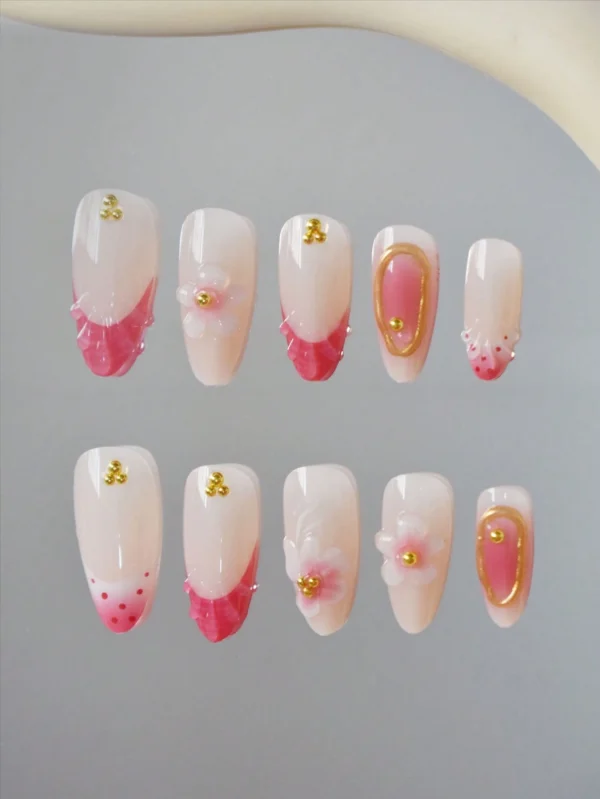 24 pcs ongles amande fleurs or rose – Image 8