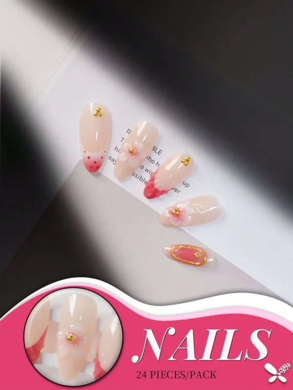 24 pcs ongles amande fleurs or rose – Image 7