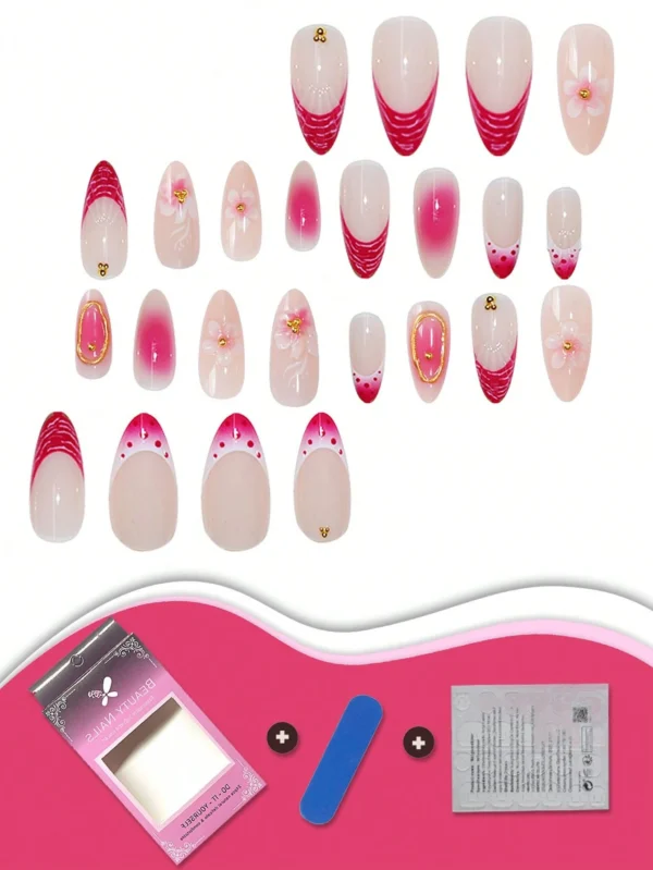 24 pcs ongles amande fleurs or rose – Image 5