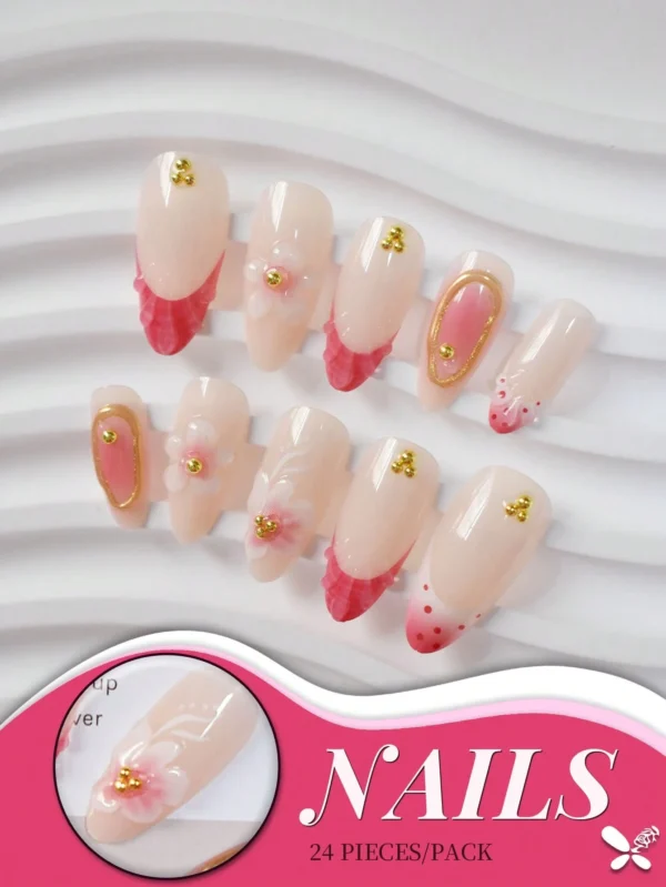 24 pcs ongles amande fleurs or rose – Image 6