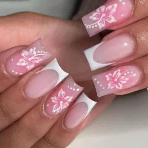 24 pcs ongles French floral longs