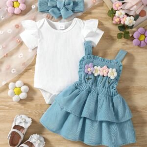 3 pcs combi robe fleurs + serre-tête