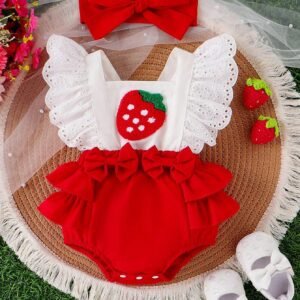 Barboteuse fraise brodée + bandeau